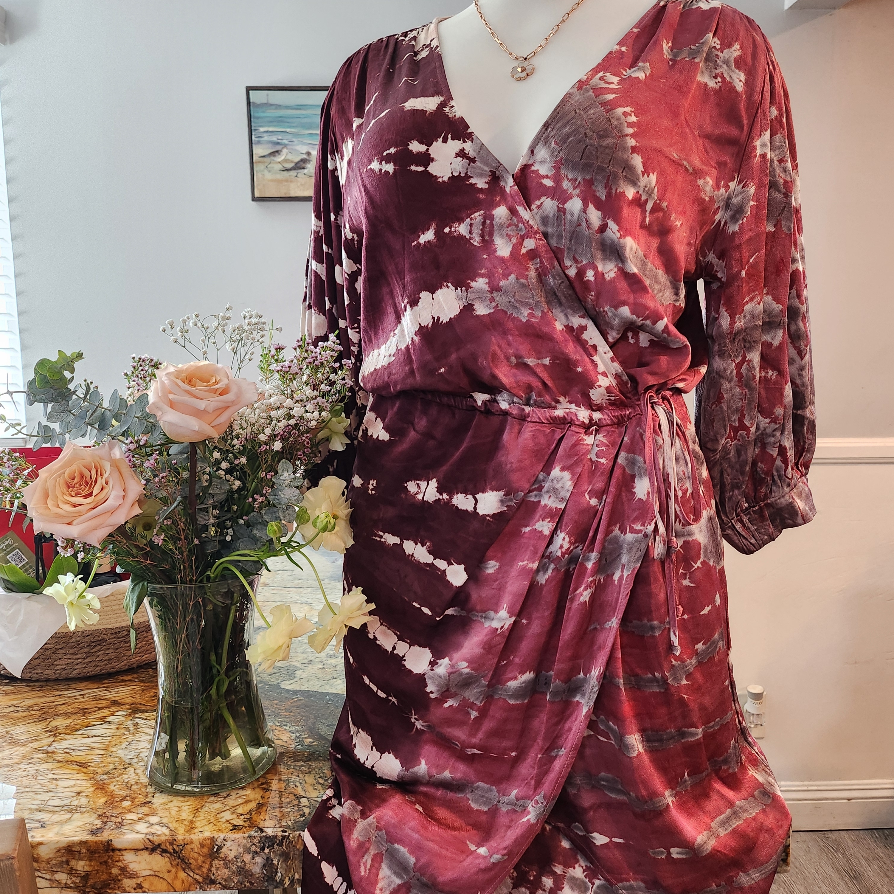 Tie-Dye Asymmetrical Wrap Dress In Burgundy